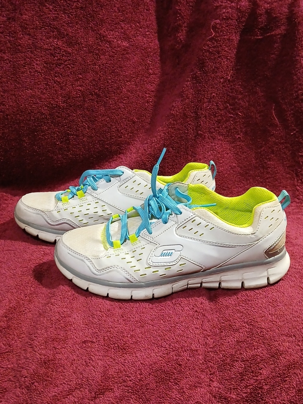 White Skechers Sport Size 9 Blue Laces and Neon Yellow Accents Lightly Used